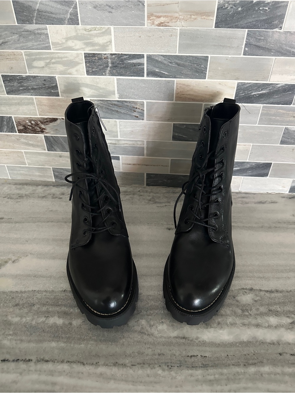 Sam Edelman Black Lace-Up Hiking Boots with Side Zip Size 8.5M